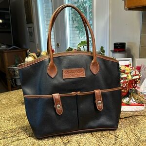 Dooney and Bourke Vintage Double Pocket Leather Tote Bag in Navy Blue